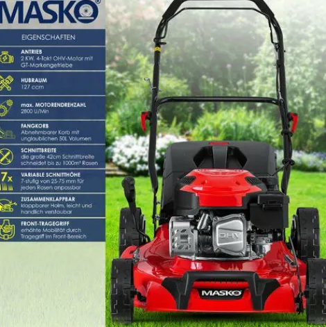 * Masko Tondeuse A Essence 5 En 1 Roue Motrice Fonction De Nettoyage Easyclean Fonction Mulching Ejection Laterale Largeur De Coupe Elevee Reglage De La Hauteur De Coupe Sur 8 Positions | Moteur 4 Temps | Bac De Ramassage, Rouge Noir, Schnittbreite 42Cm (D> Tondeuse Électrique Filaire