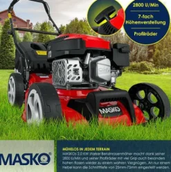 * Masko Tondeuse A Essence 5 En 1 Roue Motrice Fonction De Nettoyage Easyclean Fonction Mulching Ejection Laterale Largeur De Coupe Elevee Reglage De La Hauteur De Coupe Sur 8 Positions | Moteur 4 Temps | Bac De Ramassage, Rouge Noir, Schnittbreite 42Cm (D><noscript><img width=
