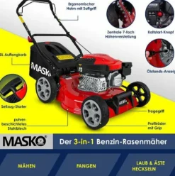* Masko Tondeuse A Essence 5 En 1 Roue Motrice Fonction De Nettoyage Easyclean Fonction Mulching Ejection Laterale Largeur De Coupe Elevee Reglage De La Hauteur De Coupe Sur 8 Positions | Moteur 4 Temps | Bac De Ramassage, Rouge Noir, Schnittbreite 42Cm (D><noscript><img width=