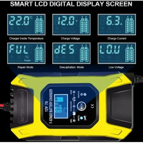 * Osqi Chargeur De Batterie Intelligent 7A/12V Chargeur De Moto Rapide Portable Avec Mode De Reparation De Protection D'Affichage Lcd Pour Voiture Moto Auto Jaune> Accessoire Pour Tondeuse Et Autoportée
